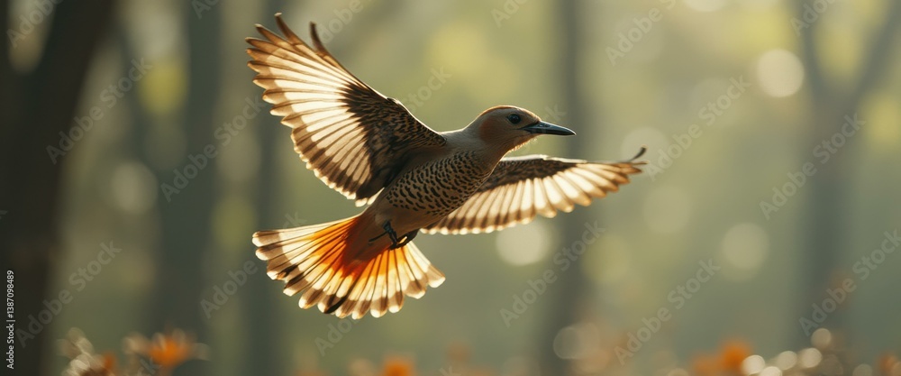 Poster northern flicker soars in forest with sunlight shining through feathers