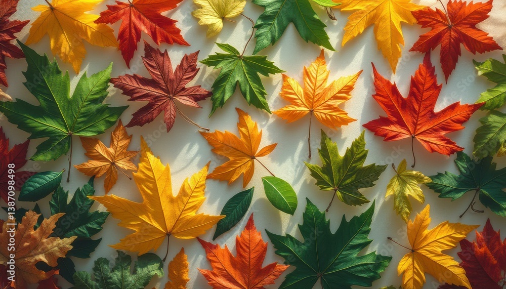 Poster fall foliage background of vibrant maple leaves in a spectrum of autumn colors