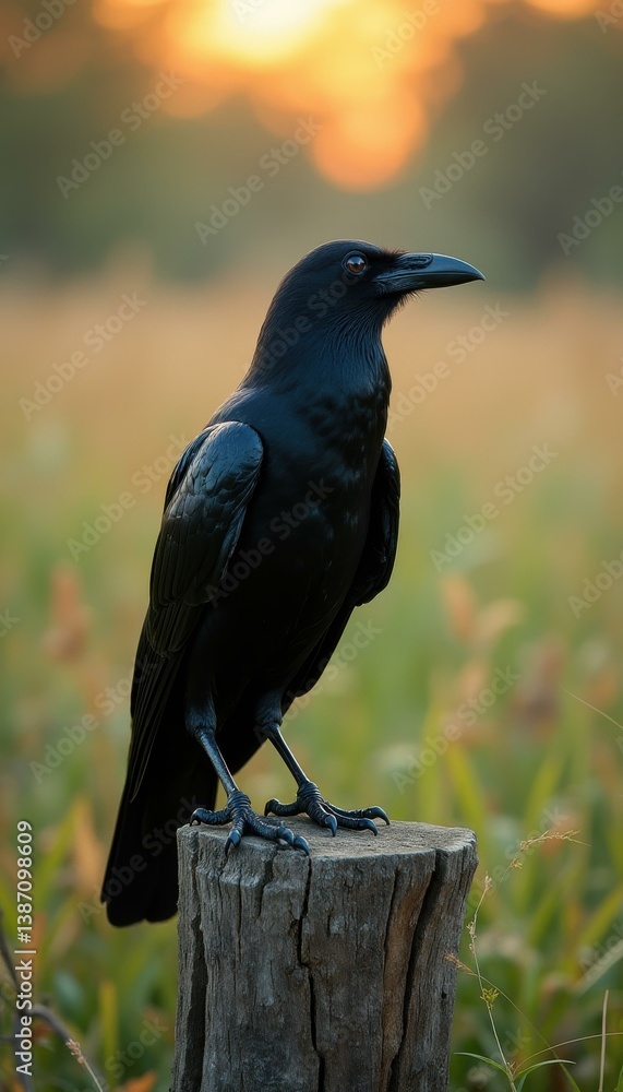 Poster a crow perched on a wooden post against a bokeh background at dusk, capturing the detailed plumage a