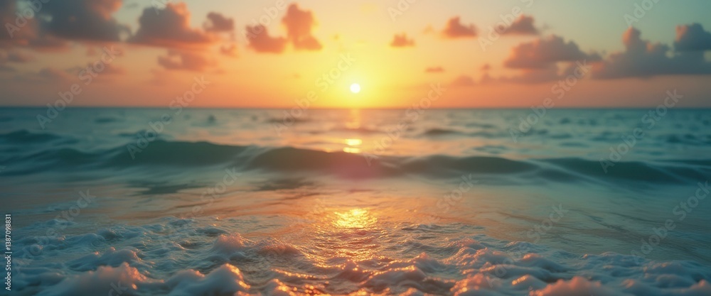 Poster ocean waves rolling in towards shore at dawn with a vibrant sun illuminating the water and clouds