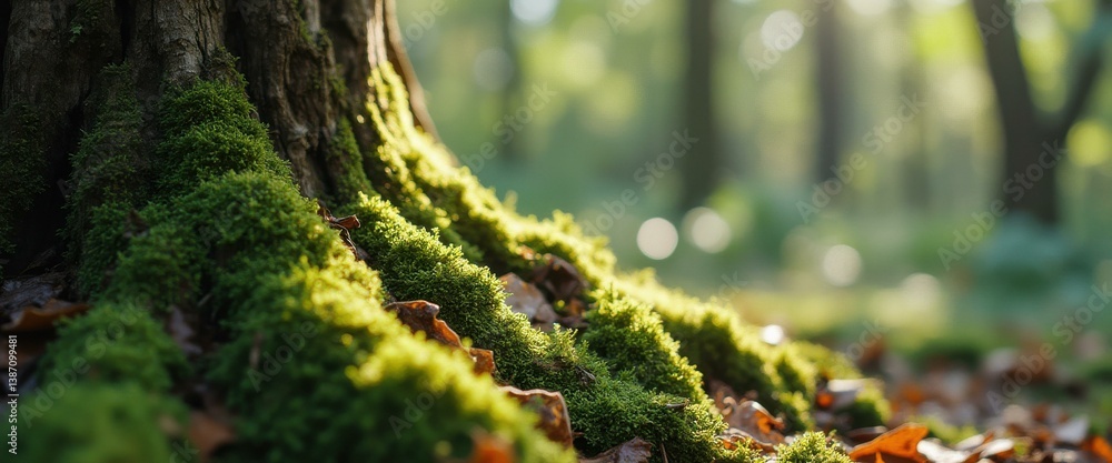 Poster Close-up of Moss Growing on Tree Trunk in Forest with Sunlight Filtering Through Canopy