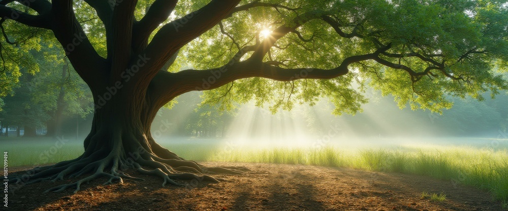 Poster sunlit tree majesty: foggy park scene with rays of light and sprawling roots