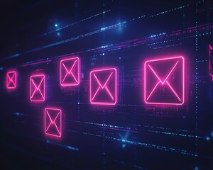 Abstract digital background with glowing neon email icons flowing through a matrix of data streams. Represents digital communication, network, and technology.
