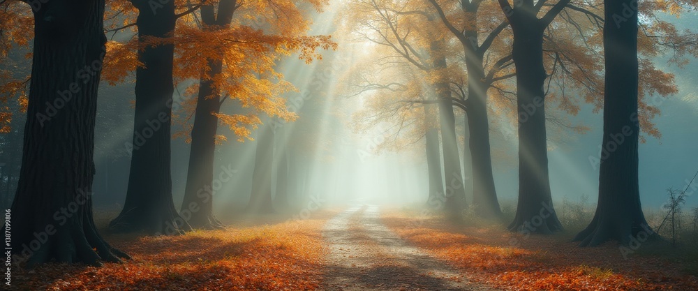 Poster pathway through a mystical autumn forest with golden leaves and sunbeams streaming through fog