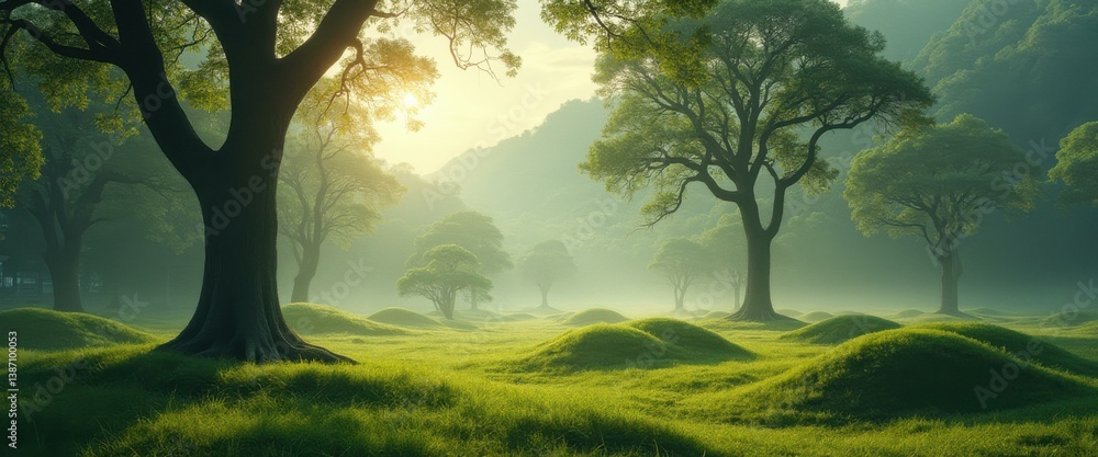 Aufkleber ethereal landscape with sunlit trees and rolling hills shrouded in mist, creating a serene and peace