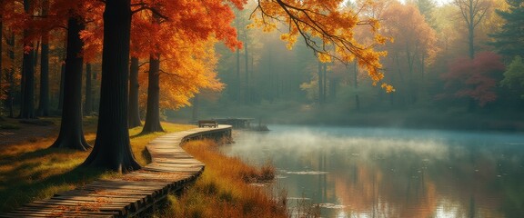 Autumn serenity: Tranquil lake with a wooden pathway in an enchanting autumnal forest landscape