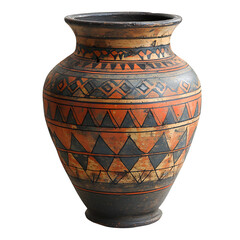 An ancient Phoenician pottery jar, decorated with geometric patterns and symbols, isolated on a white background.