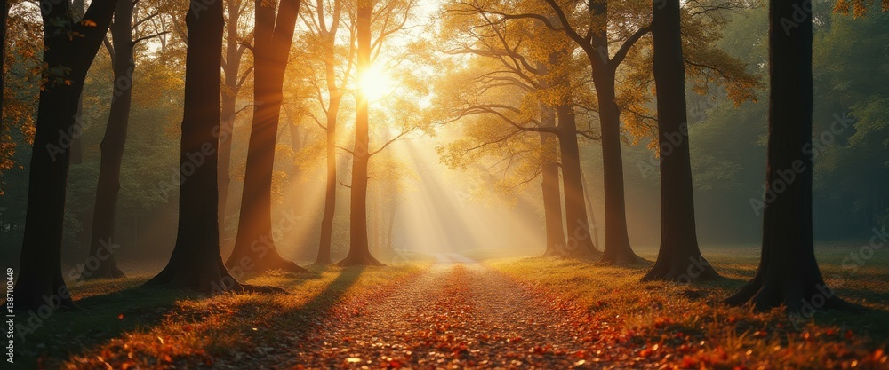 Poster serene pathway through autumnal forest with golden sunlight streaming through the trees