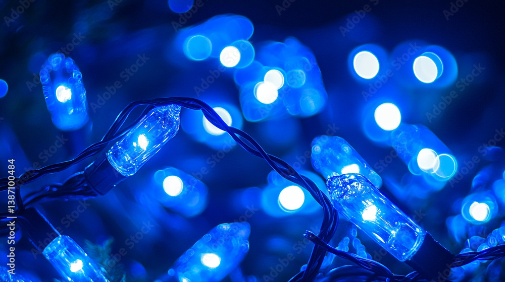 Poster close up of a string of blue christmas lights with a blurred background and twisted wire detail