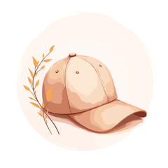 Fototapeta premium Beige baseball cap with decorative leaves on a soft background 