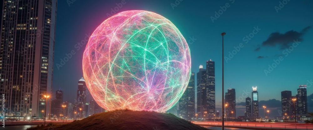 Poster luminous sphere sculpture radiates against cityscape at dusk, illuminated lines intersect in a futur