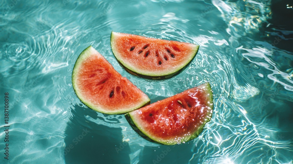 Poster floating watermelon slices create a refreshing summer vibe in a tranquil pool setting