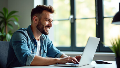 Happy Man Working on Laptop in Modern Office