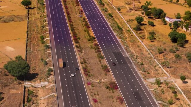 aerial drone footage of tha highway road between delhi and ajmer