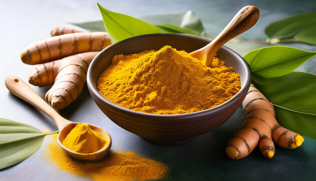 A vibrant scene of bright yellow turmeric powder in a ceramic bowl with a small wooden spoon - Powered by Adobe