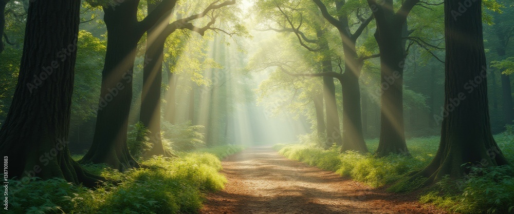 Poster Enchanting Forest Path with Sunbeams Filtering Through Trees, Lush Greenery and a Tranquil Atmosphere