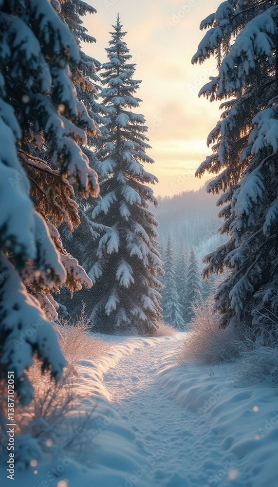 Poster serene winter forest path at sunrise with snow-covered trees and soft sunlight, creating a peaceful 