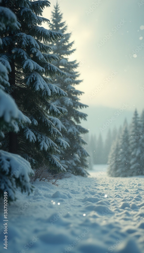 Poster snowy pines under a soft winter sky: a serene forest landscape with delicate bokeh and snowfall