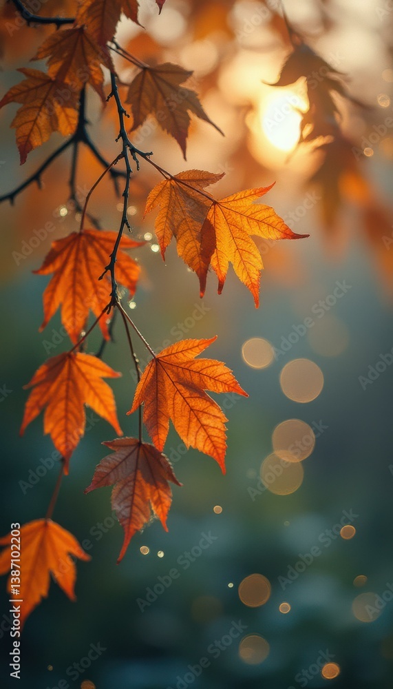 Poster Autumn leaves glow in warm sunlight, creating a serene and inviting atmosphere with soft bokeh background