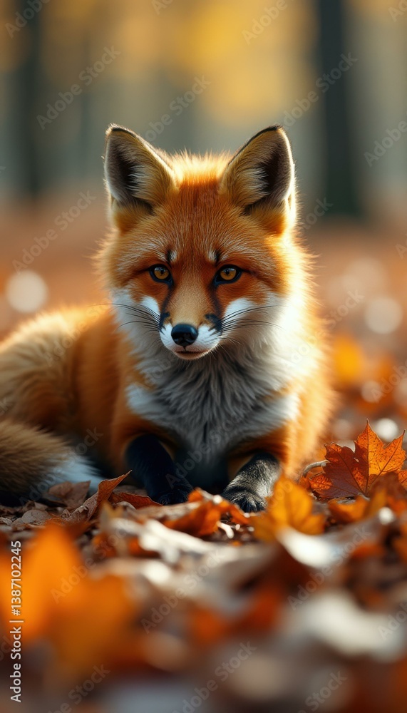 Poster portrait of a red fox in autumn leaves, lying down with a gentle gaze in a forest setting