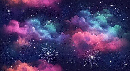 Obraz premium Celestial Fireworks: A Dreamy Digital Landscape AI Generated