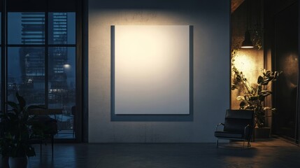 Blank canvas on wall in moody modern room with city view at night.
