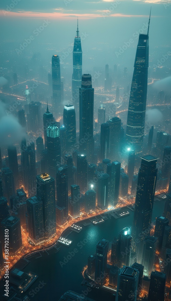 Poster futuristic cityscape at dusk, showcasing towering skyscrapers illuminated with artificial lights ref