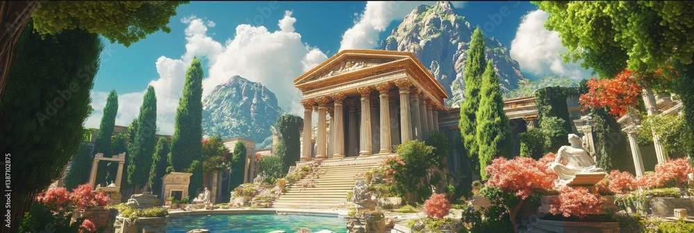 Poster building with columns surrounded by trees and water under a