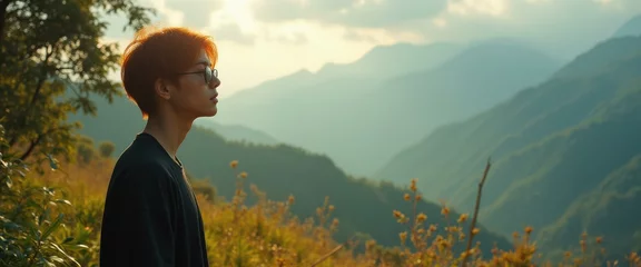 Fototapete Rund Contemplative young adult soaks in the mountain vista, wearing glasses, with a serene nature backdrop. © vadosloginov