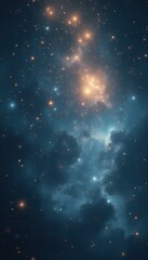 Celestial Canvas: Golden Stars Amidst Azure Clouds in a Mesmerizing Night Sky Illustration