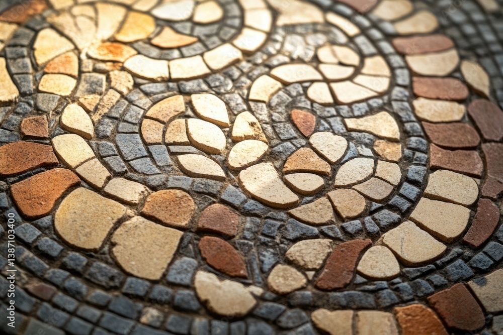 Poster a close-up view of a mosaic pavement, showcasing an intricate swirling pattern of various colored st