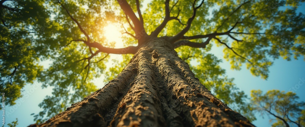 Aufkleber towering tree trunk reaching towards sunlit canopy in a lush forest setting