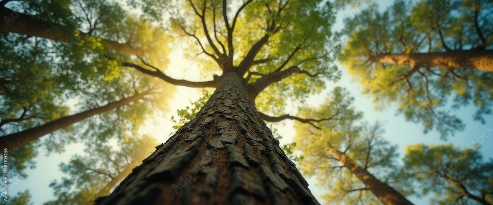 Aufkleber worm's-eye view of forest trees reaching for the sky with sunlight streaming through the green leave