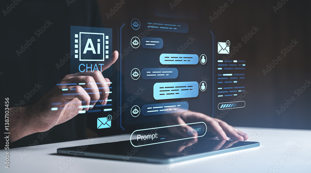 Poster futuristic interface of ai chatbot interaction on digital tablet screen display.