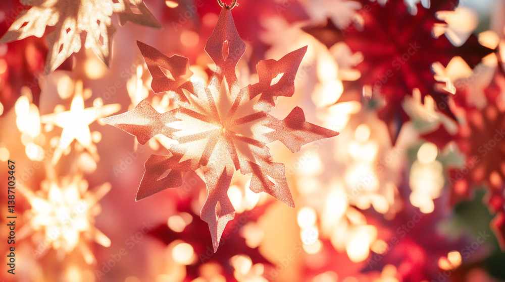 Poster close up of christmas ornaments with a snowflake theme and a red and orange color scheme