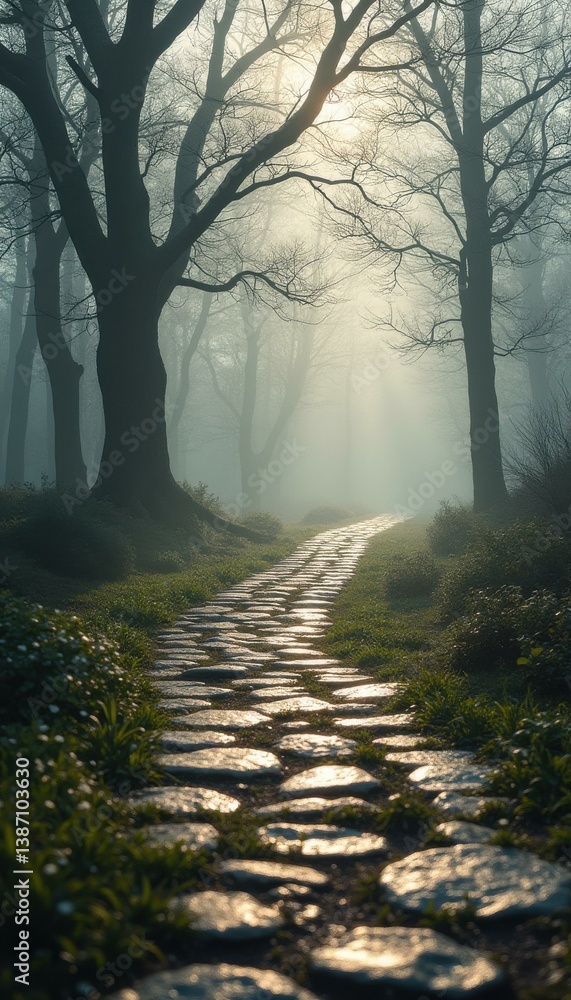 Poster sunlit stone path through foggy forest: ethereal woodland scenery with ancient pathway