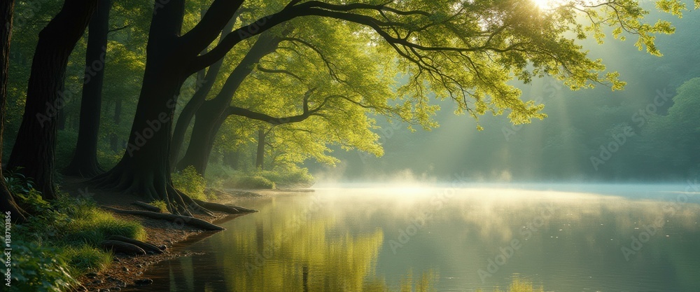 Poster serene lakeside landscape with sunlight streaming through trees, creating a tranquil and misty morni