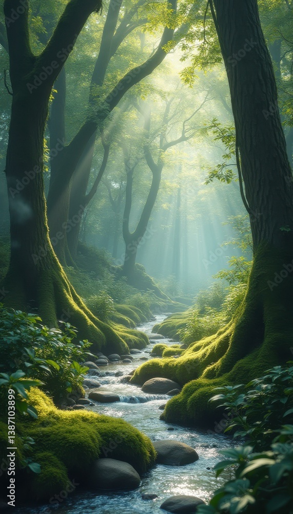 Aufkleber serene forest stream with mossy rocks bathed in soft sunlight, creating a tranquil and enchanting na