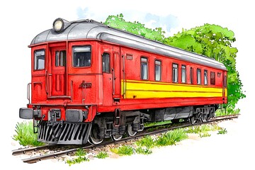 Fototapeta premium Vintage Red and Yellow Passenger Train with Green Background