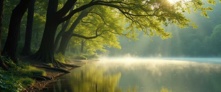 Serene lakeside landscape with sunlight streaming through trees, creating a tranquil and misty morning atmosphere