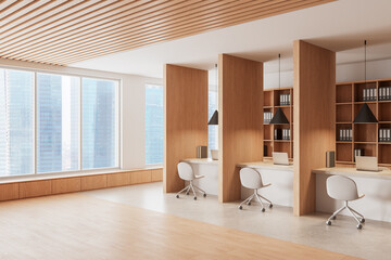 Modern minimalist coworking office with wooden partitions, sleek furniture, and large windows overlooking city skyscrapers. 3D Rendering. 3D Rendering