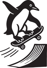 penguin skateboarding doing trick over ramp emblem sticker vector