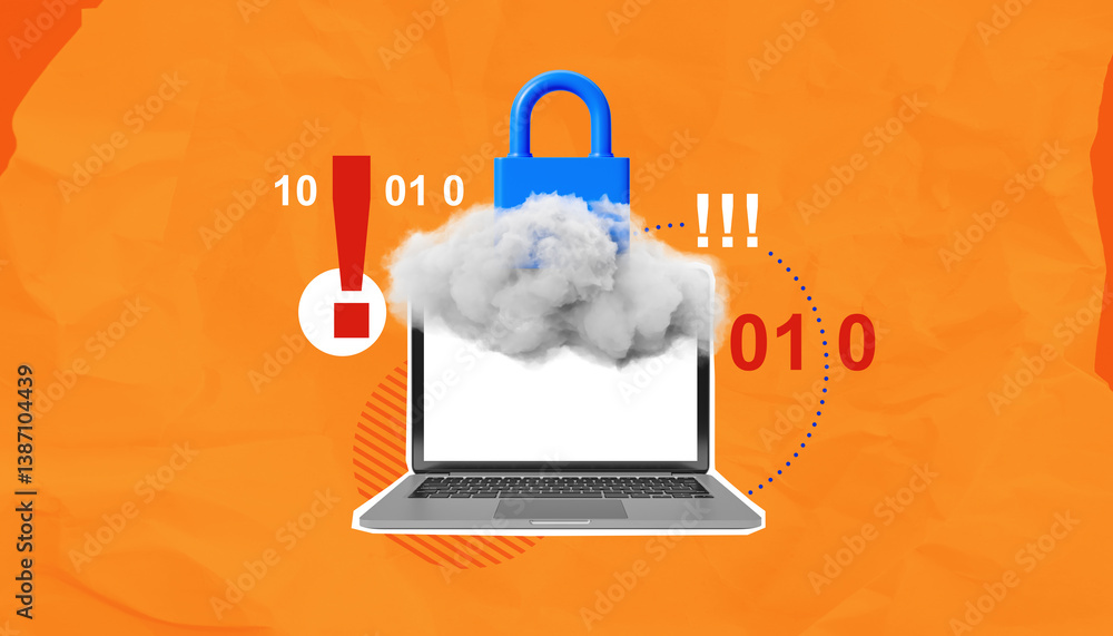 Poster cloud security warning concept with laptop, padlock and data symbols on orange background in digital