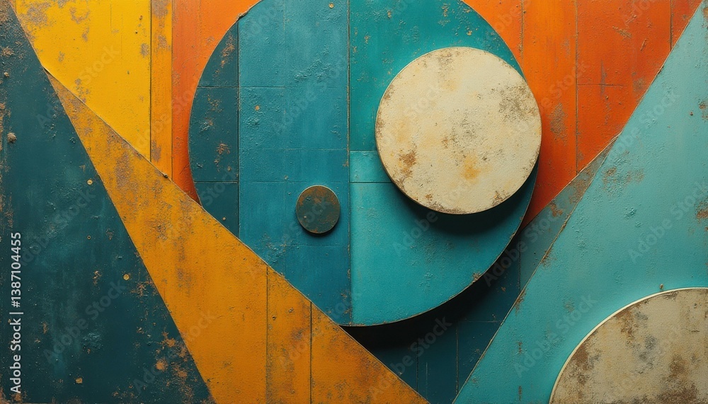 Aufkleber Geometric Abstract Art Composition with Circles, Triangles, and Rustic Textures