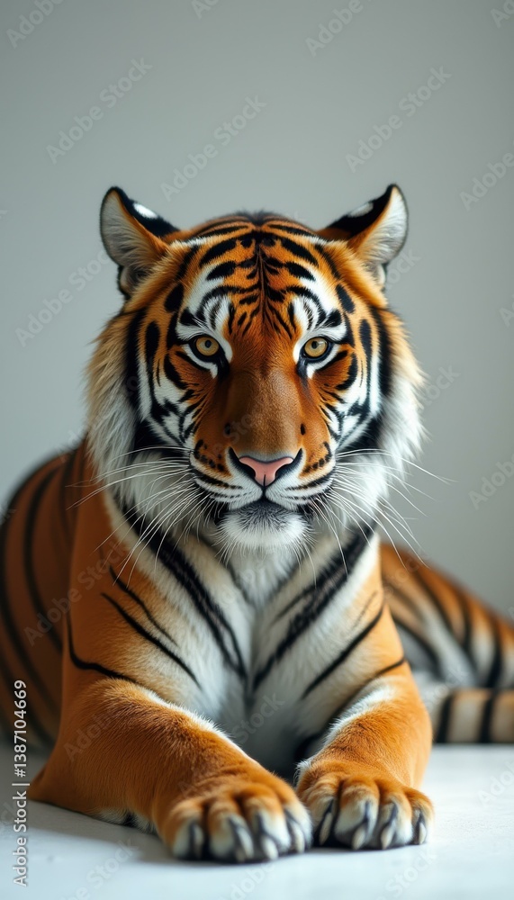 Poster captivating portrait of a bengal tiger relaxing with intense gaze, showing majestic fur and striking