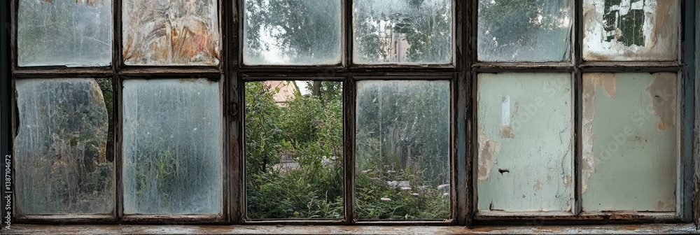 Poster old window with multiple panes showing blurred greenery outside.