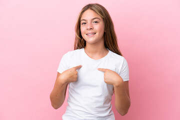 Little caucasian girl isolated on pink background with surprise facial expression