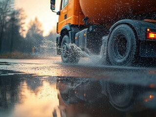 Orange cement truck navigates a rain-soaked asphalt road with cinematic backlighting and vibrant reflections