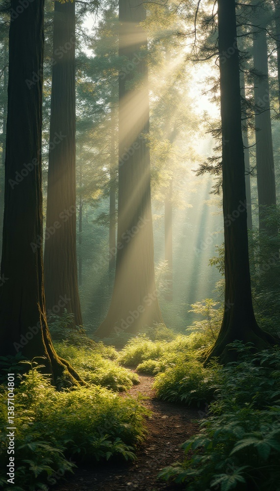 Aufkleber Sunlit forest path through towering trees, creating a serene and tranquil ambiance