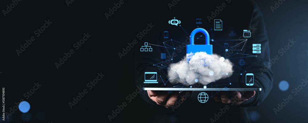 Poster cloud padlock symbolizing digital data security and cloud protection concept.